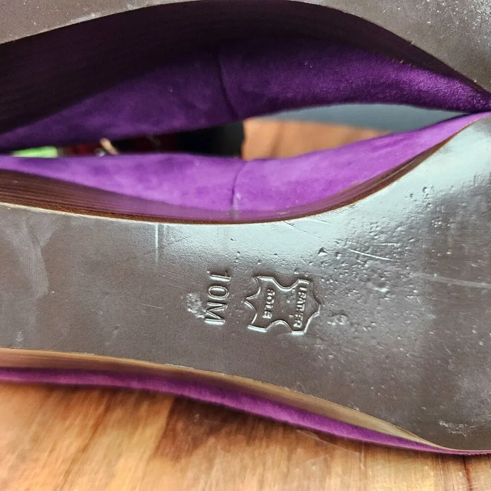 Tory Burch Purple Leather Suede Chelsea Wedge Heels Bow Logo Round Toe 10 M